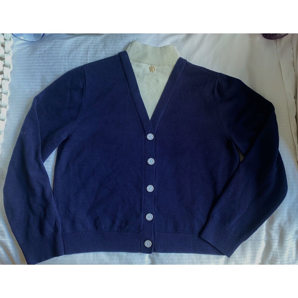 Noir Noir Navy Wool Cardigan with Built-in Cream Mock Neck. Reverse Button Back. - Picture 10 of 14